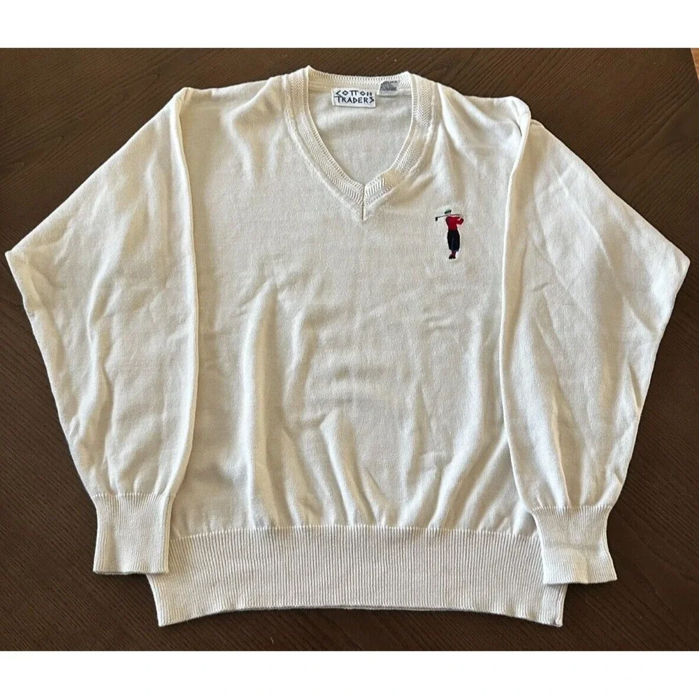 Vintage COTTON TRADERS White Knit GOLF V Neck Sweater Size M Medium‎
